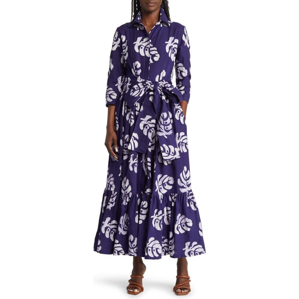 SIKA Purple Leaf Print Cotton Maxi Shirt Dress Size 12 Batik Boho‎